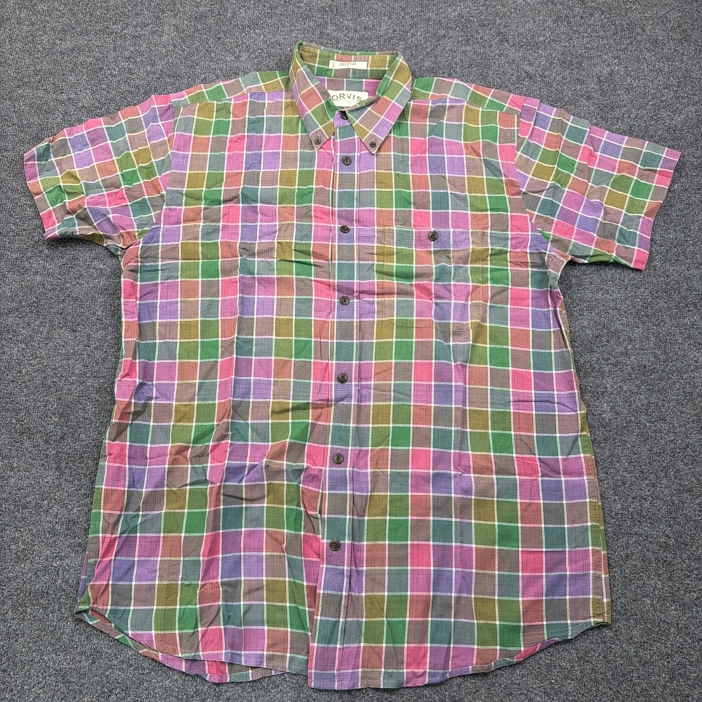 ORVIS Men Large Multi Color Plaid Cotton Casual Short Sleeve Button Up Shirt